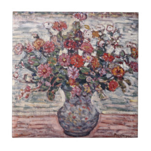 Vas med blommor, Zinnias av Maurice Prendergast Kakelplatta