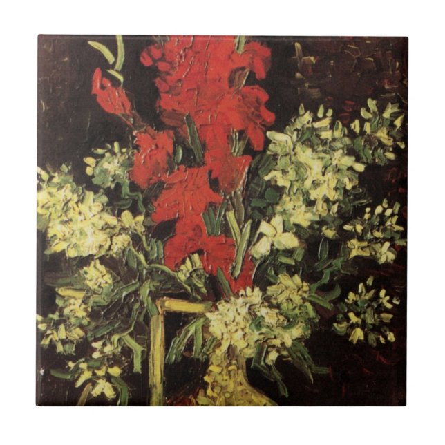 Vas med gladioler, nejlikor av Vincent van Gogh Kakelplatta (Framsidan)