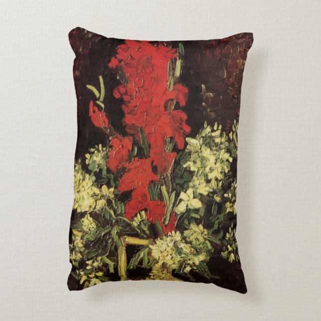 Vas med gladioler, nejlikor av Vincent van Gogh Prydnadskudde (Baksidan(Vertikal))