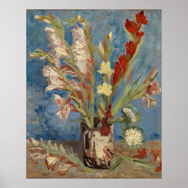 Vas med Gladioli och kinesisk Asters van Gogh Poster (Framsidan)