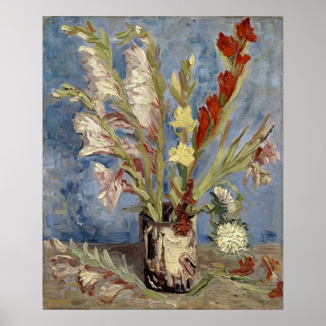Vas med Gladioli och kinesiska Asters av Van Gogh Poster (Framsidan)