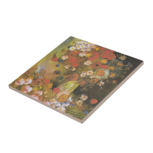 Vas med kornblommor&poppies, peonier&krysanter kakelplatta