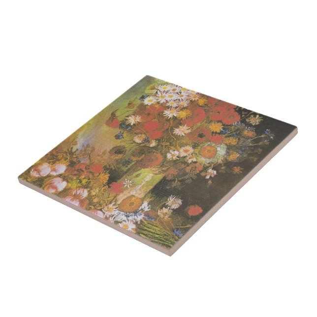 Vas med kornblommor&poppies, peonier&krysanter kakelplatta (Sidan)