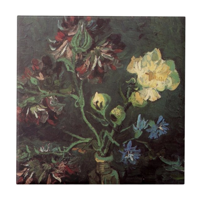 Vas med Myosotis och peonior av Vincent van Gogh Kakelplatta (Framsidan)