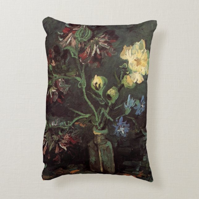 Vas med Myosotis och Peonior av Vincent van Gogh Prydnadskudde (Baksidan(Vertikal))