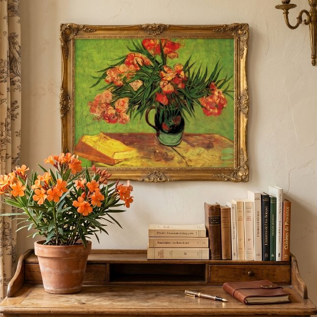 Vas med oleander och böcker av Vincent van Gogh Poster (Still Life: Vase with Oleanders and Books by Vincent van Gogh is a post impressionism painting.)