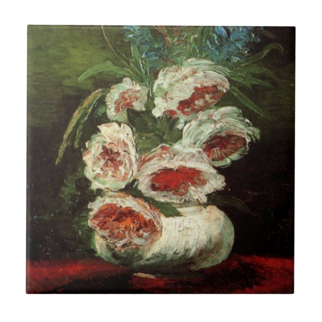 Vas med peonior av Vincent van Gogh Kakelplatta (Framsidan)