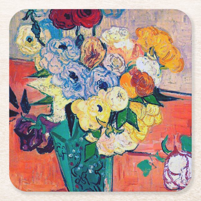 Vas med Ro och Anemones, Van Gogh Underlägg Papper Kvadrat (Framsidan)