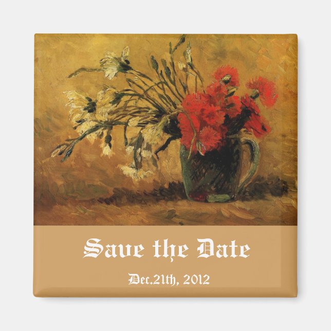 vas med röda och vita nejlikor, spara datumet magnet (Framsidan)