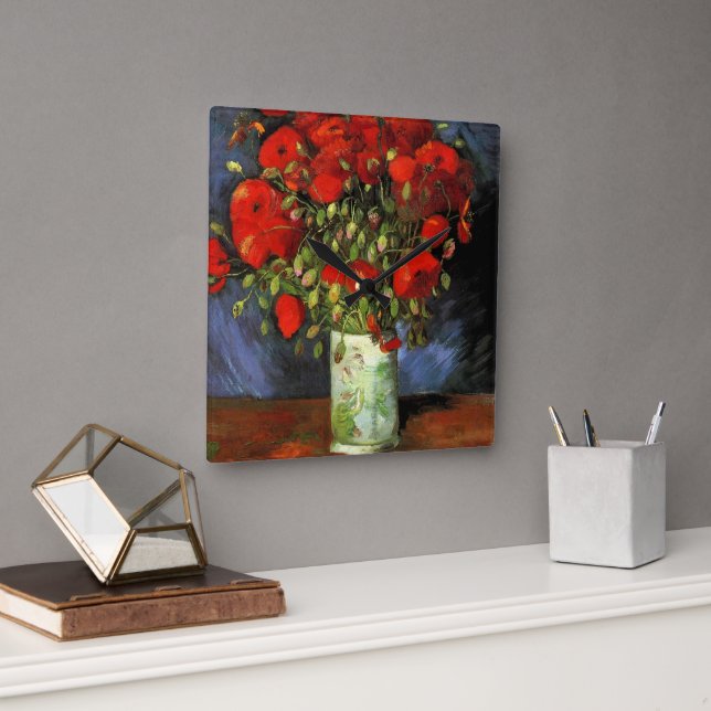Vas med Röda poppies av Vincent Van Gogh Fyrkantig Klocka (Kontor)