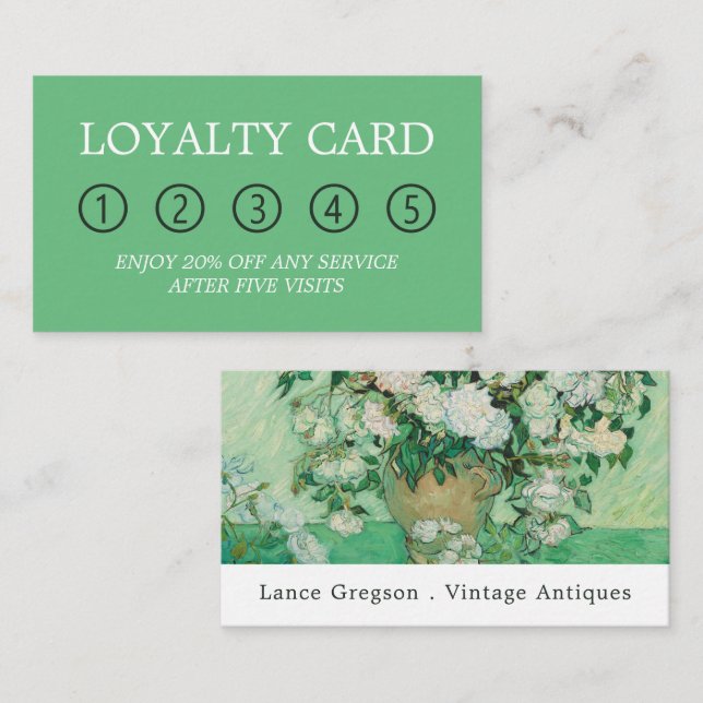 Vas med Rosa ros, antikhandlare med Lojalitetskort (Fram/baksida)