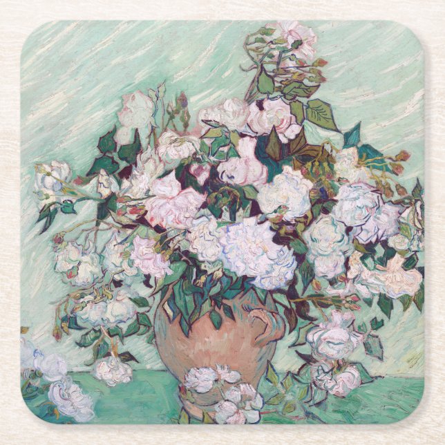 Vas med Rosa ros, Van Gogh Underlägg Papper Kvadrat (Framsidan)