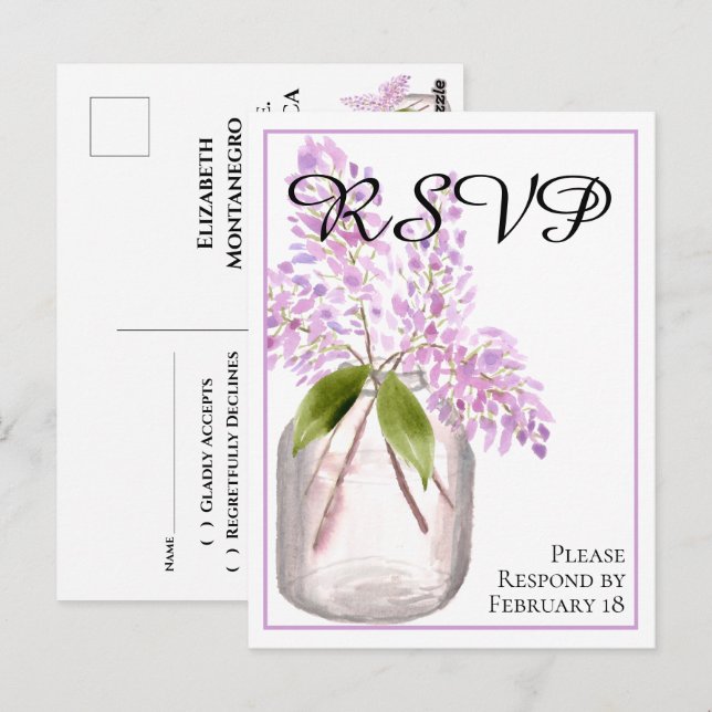 Vas med Syren Rustik Bröllops-Vattenfärg RSVP Vykort (Fram/baksida)