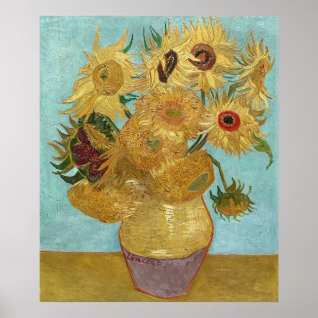 Vas med tolv solblommor av Vincent van Gogh Poster (Framsidan)