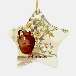Vas med vit ros vintage vattenfärgsornament julgransprydnad keramik