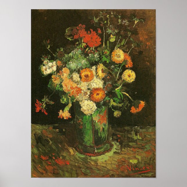 Vas med Zinnias och Geraniums Van Gogh Fine Art Poster (Framsidan)