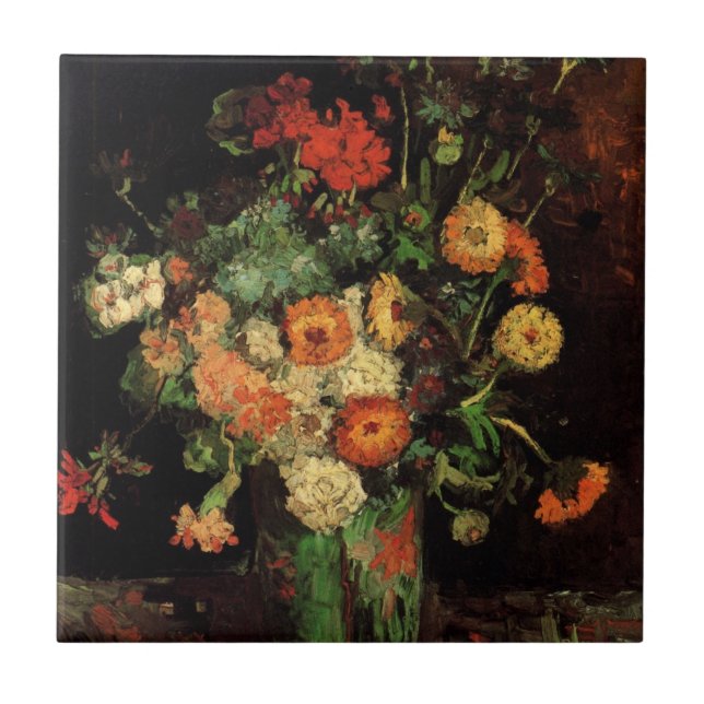 Vas med Zinnias och Geraniums, Vincent van Gogh Kakelplatta (Framsidan)