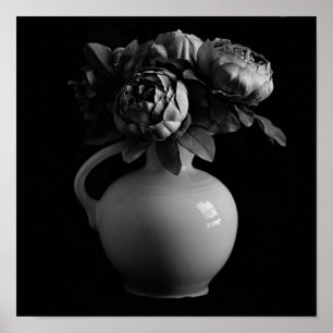 Vas och Peony Flowers Black and White Art Print Poster
