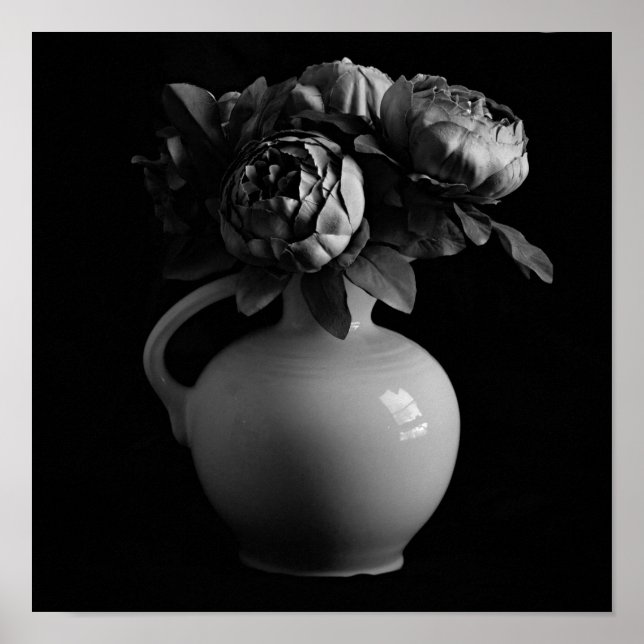 Vas och Peony Flowers Black and White Art Print Poster (Framsidan)
