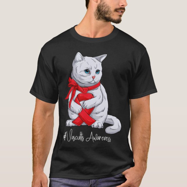 Vasculitis Awareness Month Red Ribbon Cat funny T Shirt (Framsida)