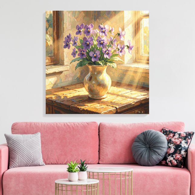 Vase med lila violer Impasto   Canvastryck (Insitu (Vardagsrum))