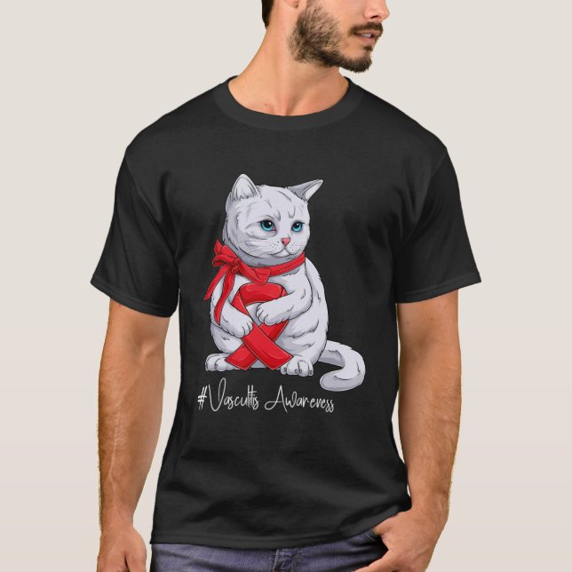 Vaskulit Medvetenhet Månad Rött band Katt T Shirt (Framsida)