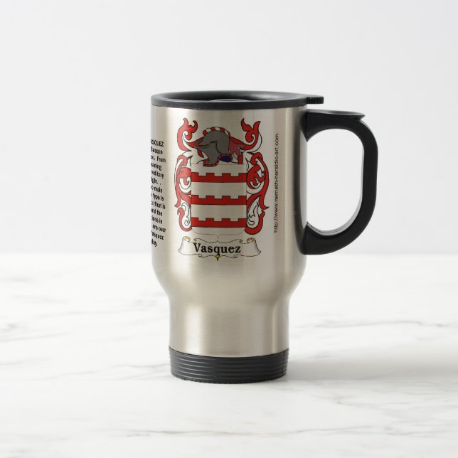 Vasquez familjvapensköld på en travel mug resemugg (Höger)