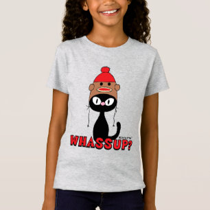 VASSUP? Tecknad Cat med Sock monkey Hat Funny T Shirt