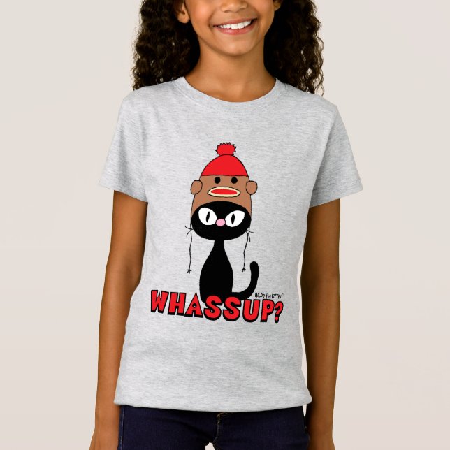 VASSUP? Tecknad Cat med Sock monkey Hat Funny T Shirt (Framsida)