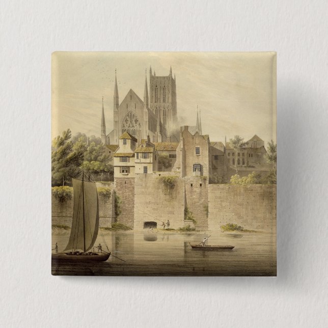 Väster beskådar av den Worcester domkyrkan, 1798 Knapp (Framsida)