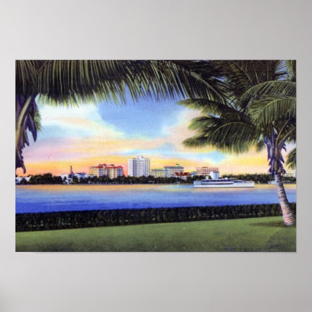 Väster Handflatan Beach Florida Skyline vid Sunset Poster (Framsidan)