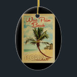 Väster Handflatan Beach Handflatan Träd Vintage re Julgransprydnad Keramik<br><div class="desc">En unik,  medeltida modern Väster Beach Florida-konst i vintage resor poster stil. Den har en böjd handflatan träd på sandstranden med hav under ett blått grumligt himlar.</div>