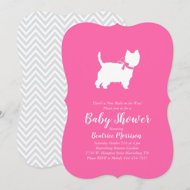 Väster Highland Terrier Hund Baby Shower Rosa Girl Inbjudningar (Fram/baksida)