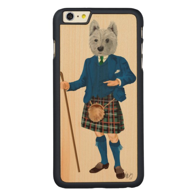 Väster Highland Terrier i Kilt Carved Wood iPhone Skal (Baksidan)