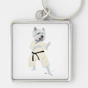 Väster Highland Terrier KARATE! Fyrkantig Silverfärgad Nyckelring