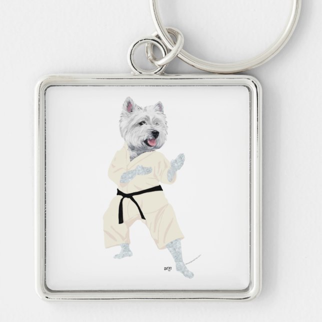 Väster Highland Terrier KARATE! Fyrkantig Silverfärgad Nyckelring (Framsidan)