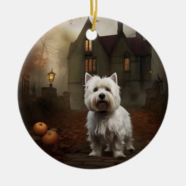 Väster Highland White Terrier Halloween Scary Julgransprydnad Keramik (Framsidan)