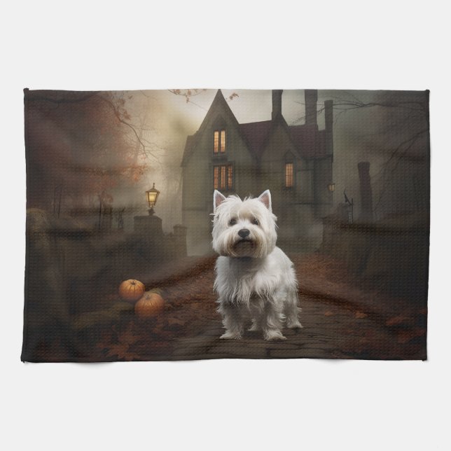 Väster Highland White Terrier Halloween Scary Kökshandduk (Horisontell)