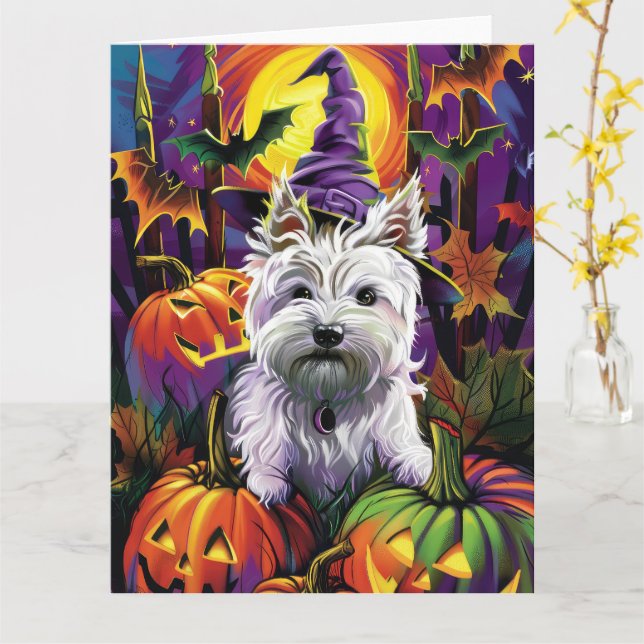 Väster Highland White Terrier Hund Halloween Witch Kort (Gul blomma)