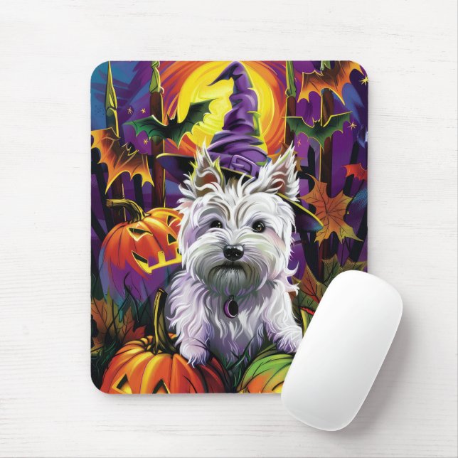 Väster Highland White Terrier Hund Halloween Witch Musmatta (Med mus)