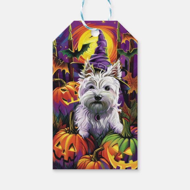 Väster Highland White Terrier Hund Halloween Witch Presentetikett (Framsidan)