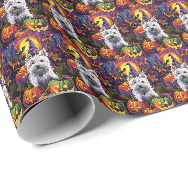 Väster Highland White Terrier Hund Halloween Witch Presentpapper (Rullad Hörn)