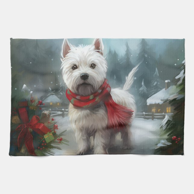 Väster Highland White Terrier Hund i Snö jul Kökshandduk (Horisontell)