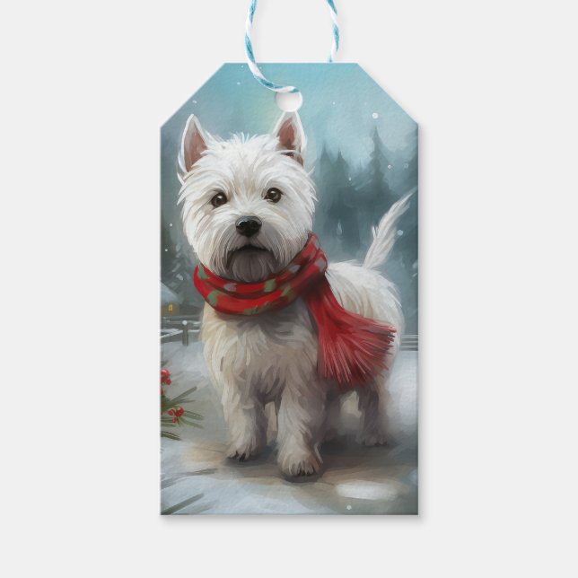Väster Highland White Terrier Hund i Snö jul Presentetikett (Framsidan)