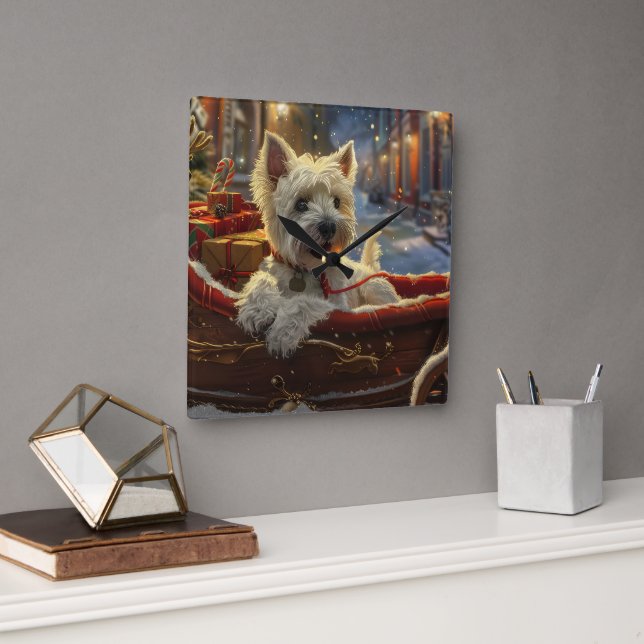 Väster Highland White Terrier Hund jul Festive Fyrkantig Klocka (Kontor)
