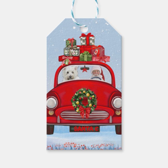 Väster Highland White Terrier Hund med Jultomten Presentetikett (Framsidan)