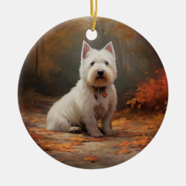 Väster Highland White Terrier i Höst löv Fall Julgransprydnad Keramik (Framsidan)