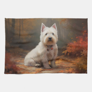 Väster Highland White Terrier i Höst löv Fall Kökshandduk