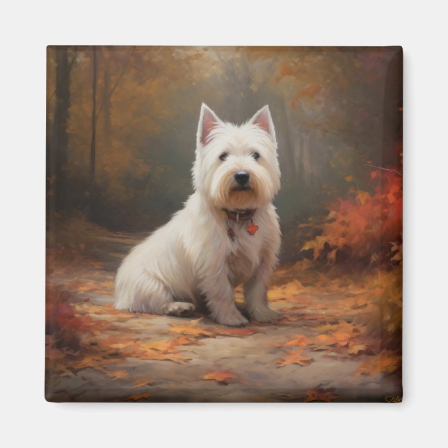 Väster Highland White Terrier i Höst löv Fall Magnet (Framsidan)