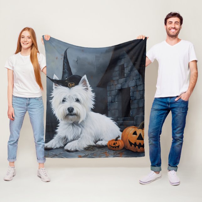 Väster Highland White Terrier Pumpkin Halloween Fleecefilt (På plats)